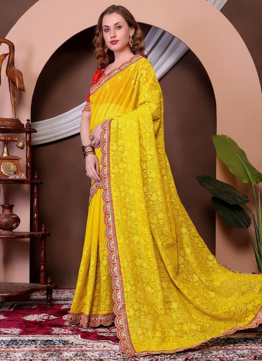Trendy Saree Border Work Yellow Georgette S12968
