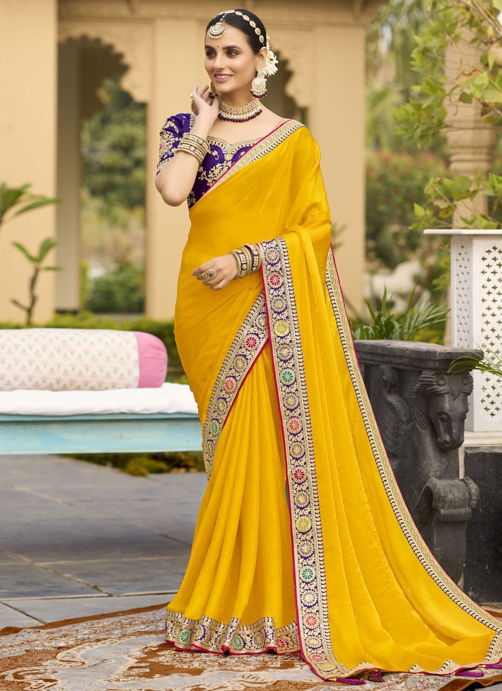 Border Work Georgette Yellow Classic Saree S15350