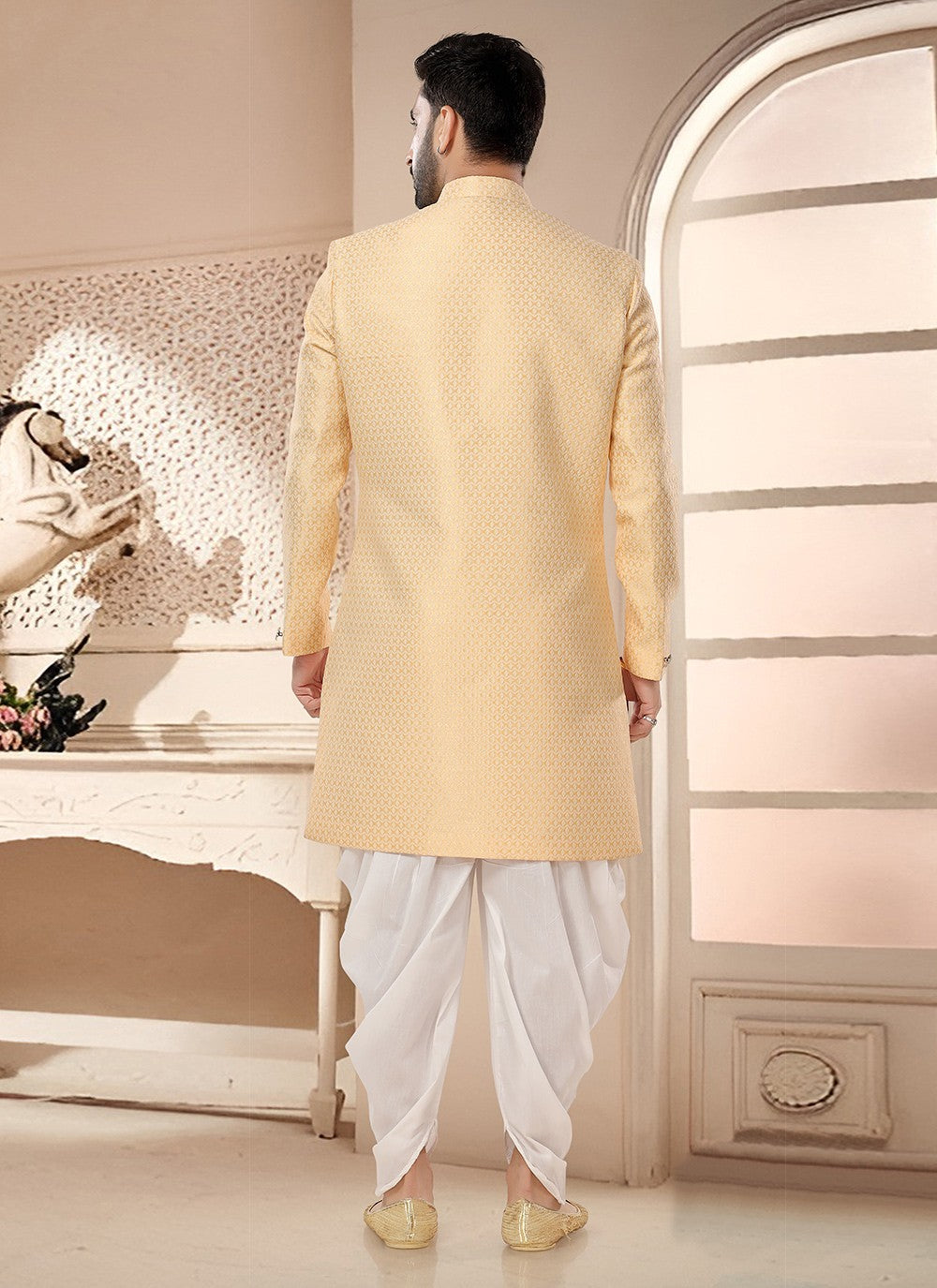 Patch Jacquard Yellow Sherwani - M7566