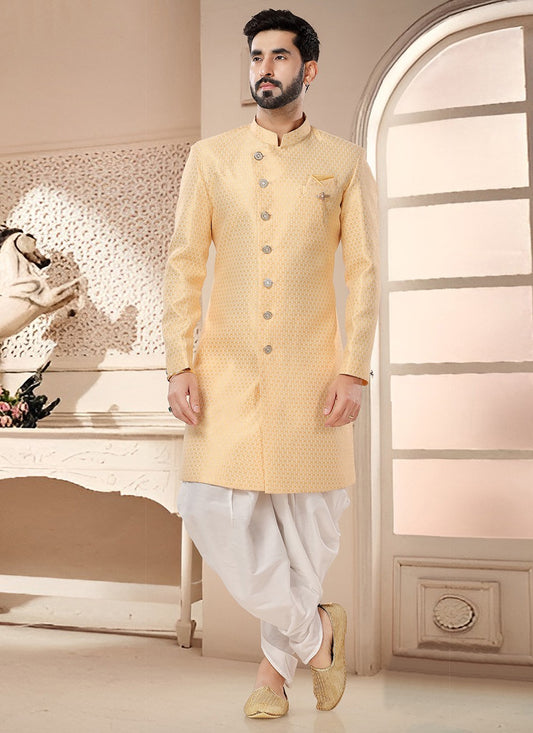 Patch Jacquard Yellow Sherwani - M7566