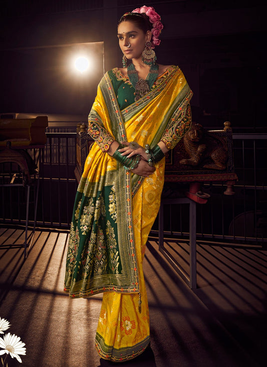 Yellow Pure Dola Traditional Saree Embroidered, Jacquard Work, Lace, Zari S17428