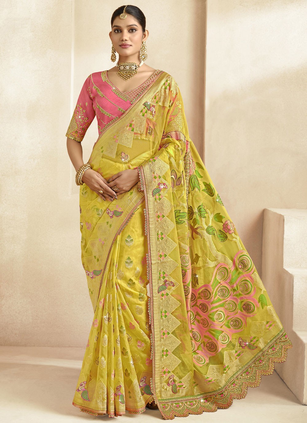 Cut Work Silk Yellow Contemporary Saree S15463