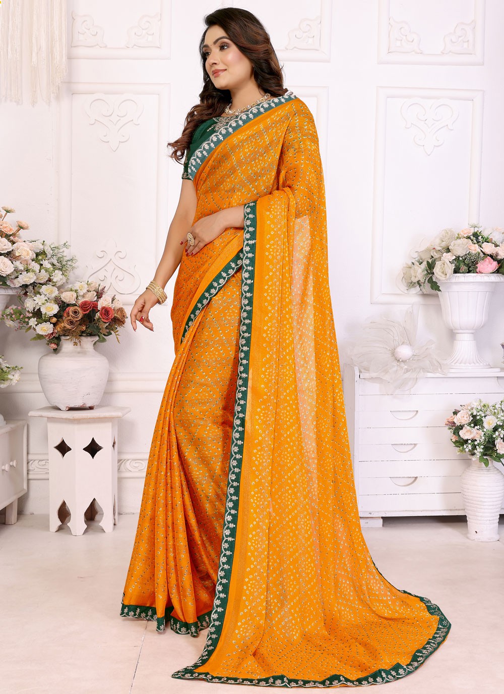 Bandhej Chiffon Yellow Traditional Saree S14952