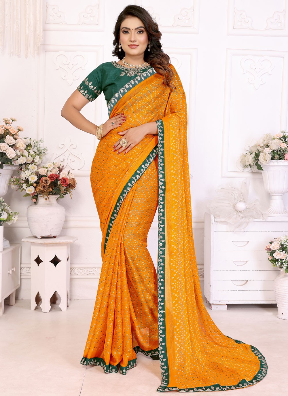 Bandhej Chiffon Yellow Traditional Saree S14952