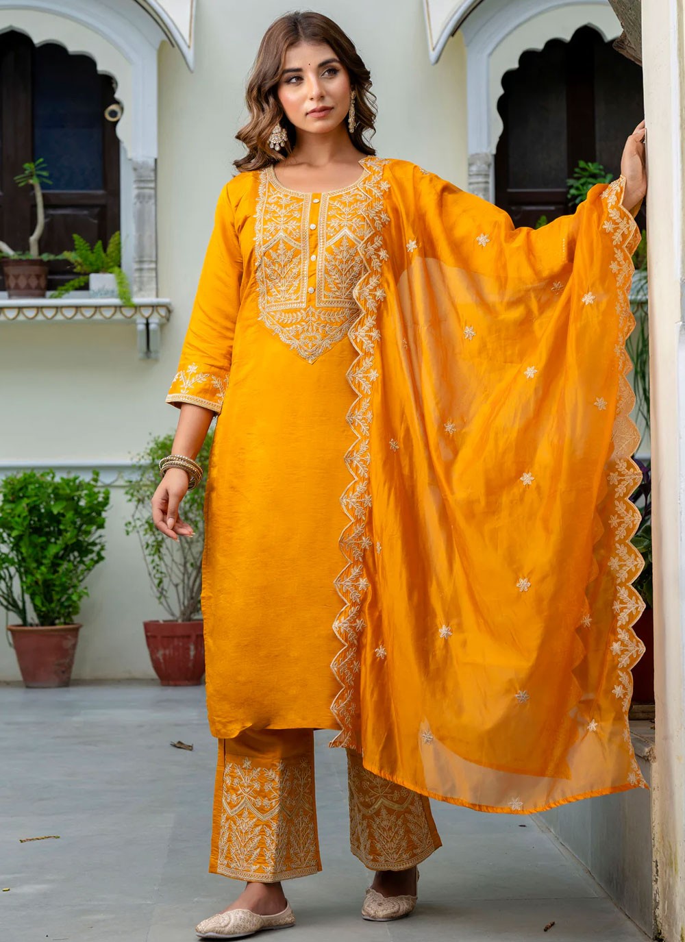 Salwar Suit Embroidered Yellow Silk Blend T5864