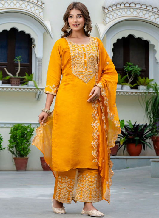 Salwar Suit Embroidered Yellow Silk Blend T5864