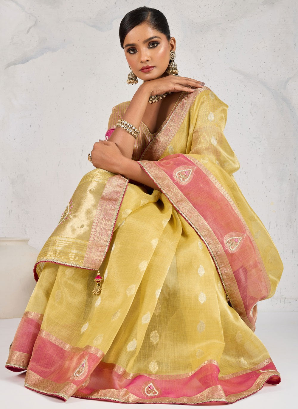 Yellow Linen Contemporary Saree Buttis, Cutdana, Woven, Zardosi, Zari S17574