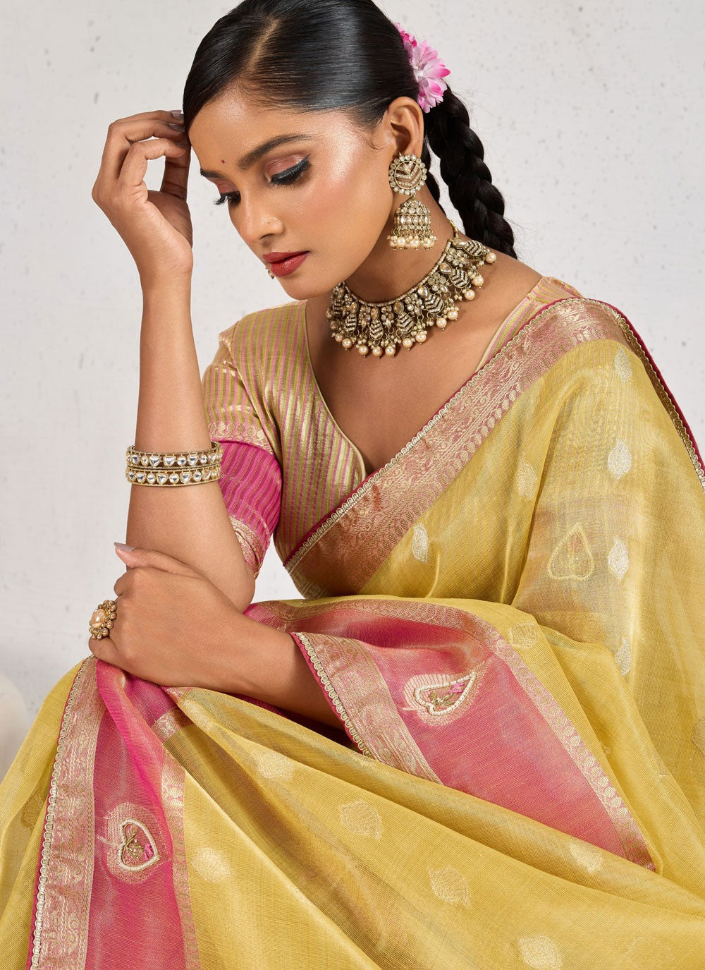 Yellow Linen Contemporary Saree Buttis, Cutdana, Woven, Zardosi, Zari S17574