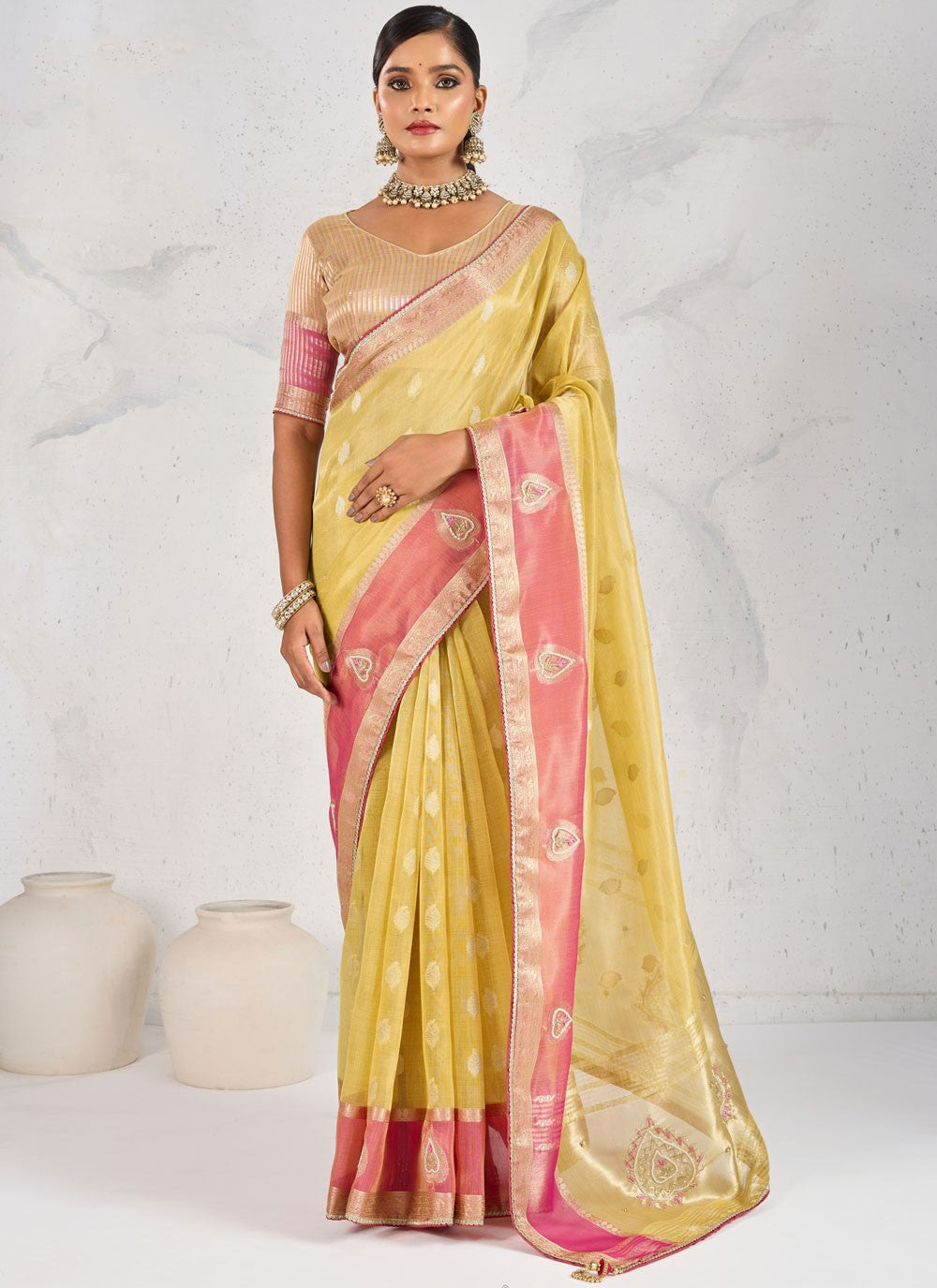 Yellow Linen Contemporary Saree Buttis, Cutdana, Woven, Zardosi, Zari S17574