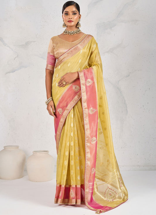 Yellow Linen Contemporary Saree Buttis, Cutdana, Woven, Zardosi, Zari S17574