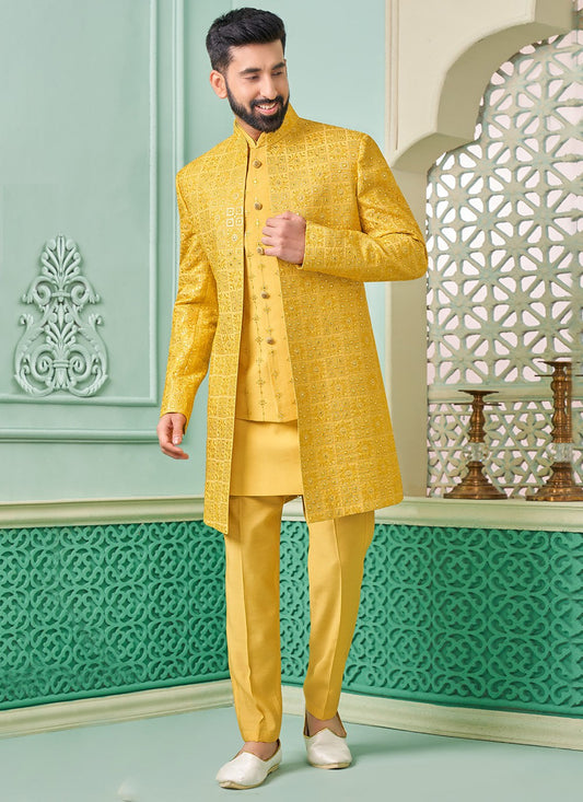 Embroidered Banarasi Silk Yellow Indo Western - M7289