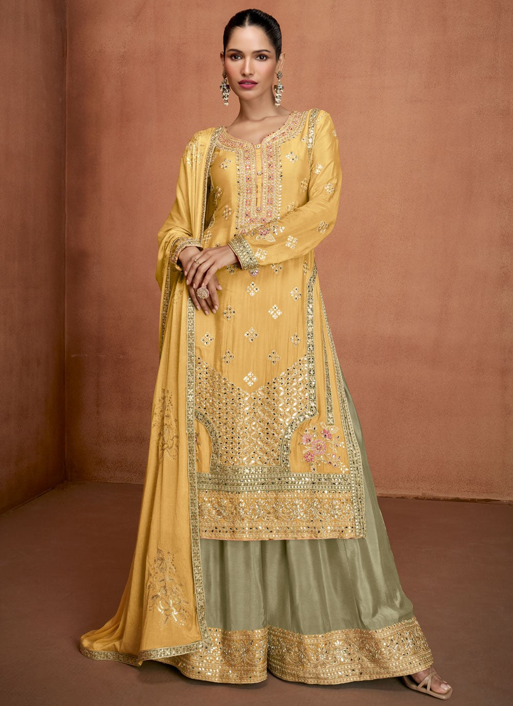 Palazzo Suit Embroidered, Mirror, Zari Yellow T8269