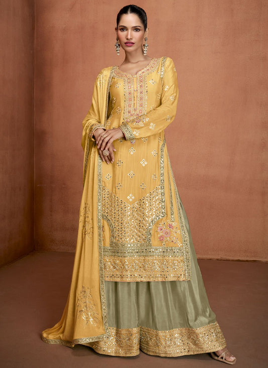 Palazzo Suit Embroidered, Mirror, Zari Yellow T8269