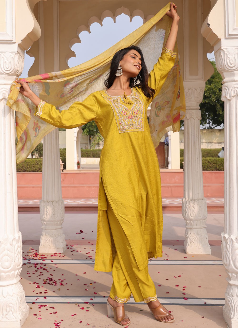 Salwar Suit Embroidered Yellow Cotton Silk T5745