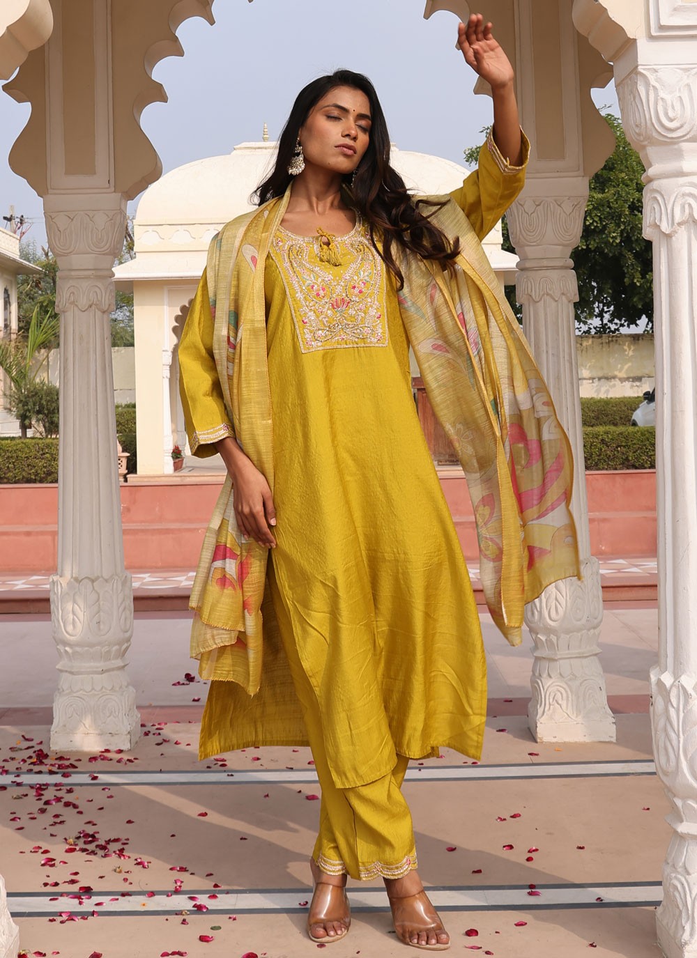 Salwar Suit Embroidered Yellow Cotton Silk T5745