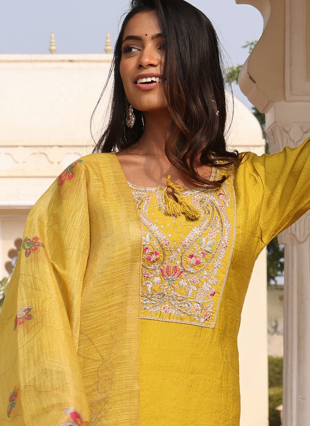 Salwar Suit Embroidered Yellow Cotton Silk T5745