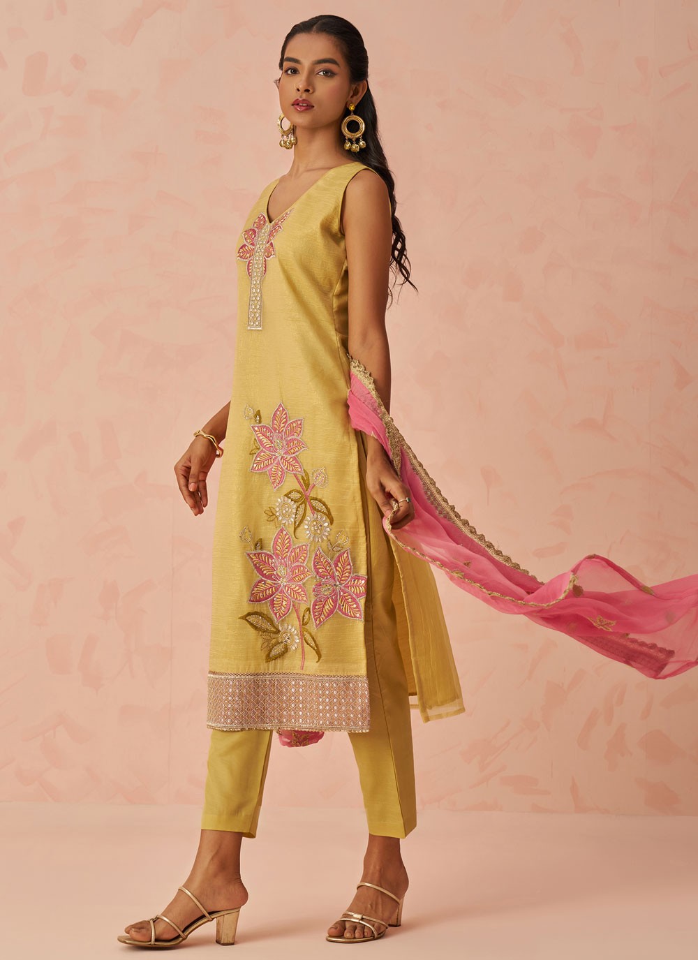 Pant Style Suit Embroidered, Sequins Yellow T7239