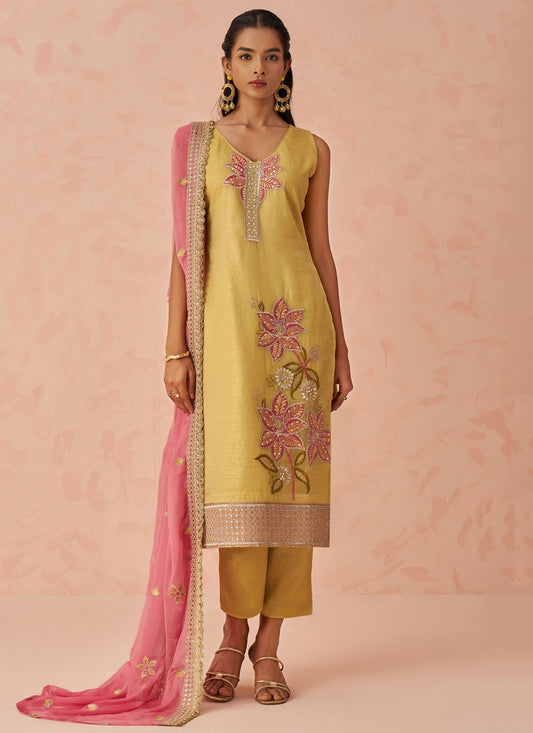 Pant Style Suit Embroidered, Sequins Yellow T7239