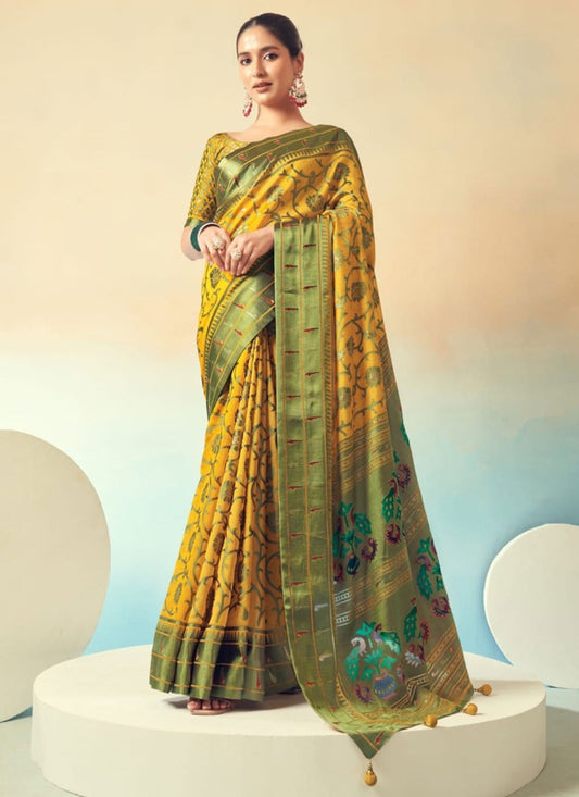 Weaving Zari Georgette Yellow Saree S14554