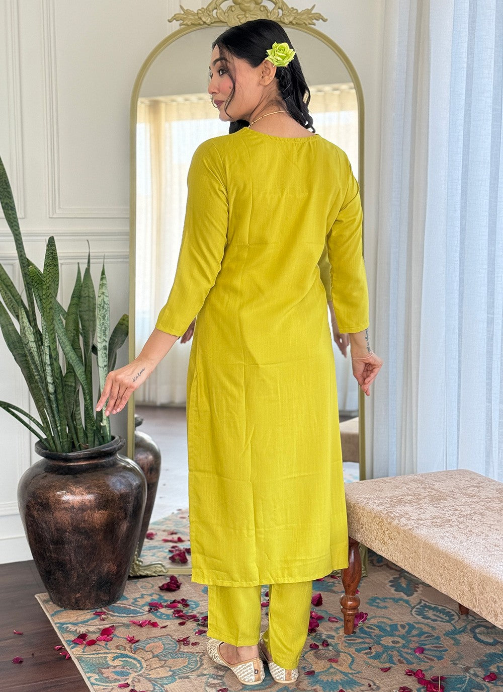 Pant Style Suit Embroidered Yellow Viscose T5811