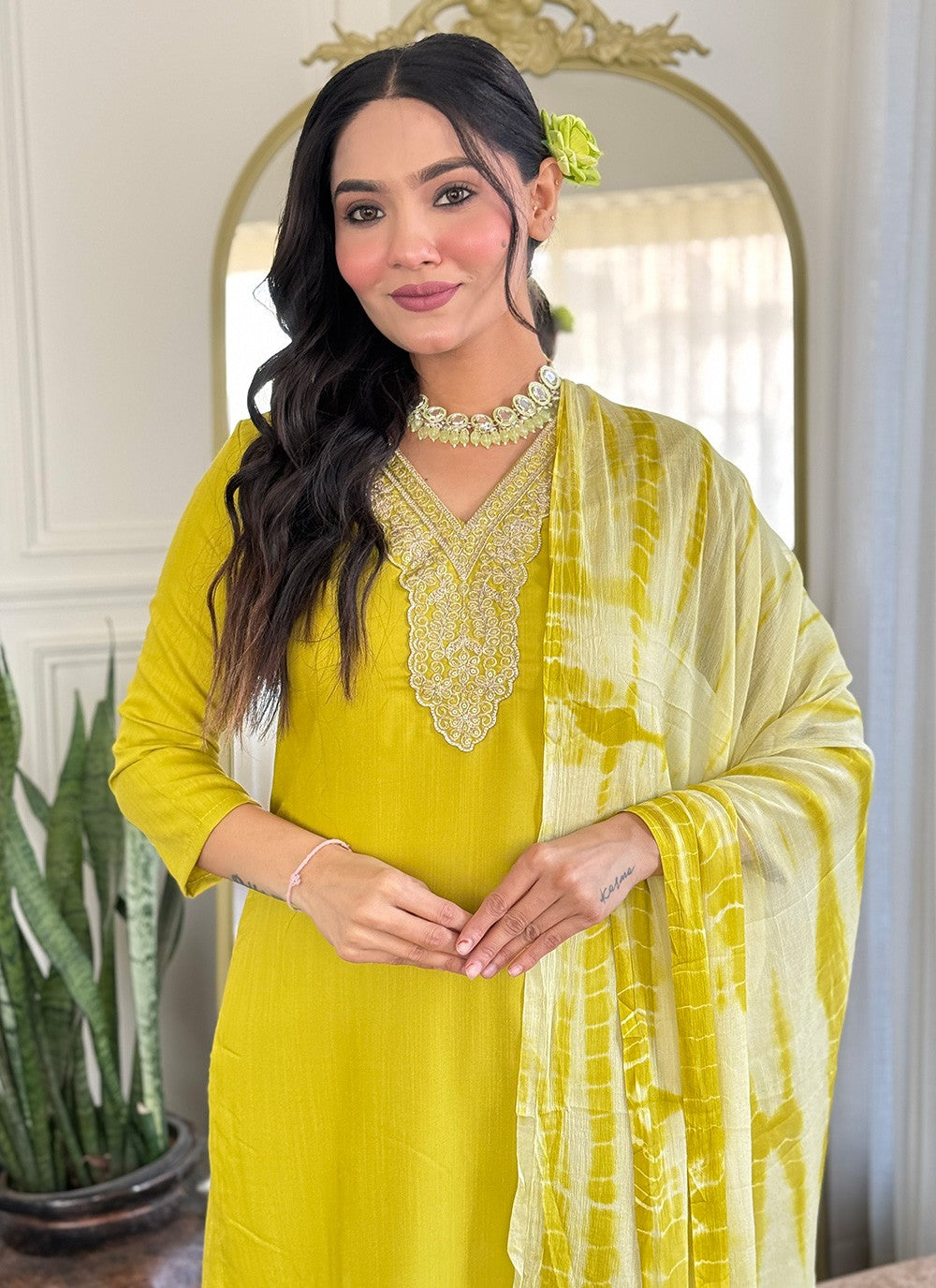 Pant Style Suit Embroidered Yellow Viscose T5811