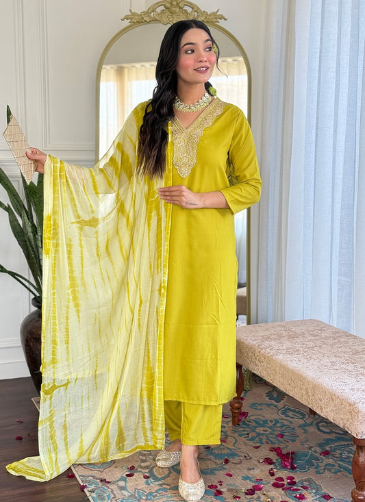 Pant Style Suit Embroidered Yellow Viscose T5811