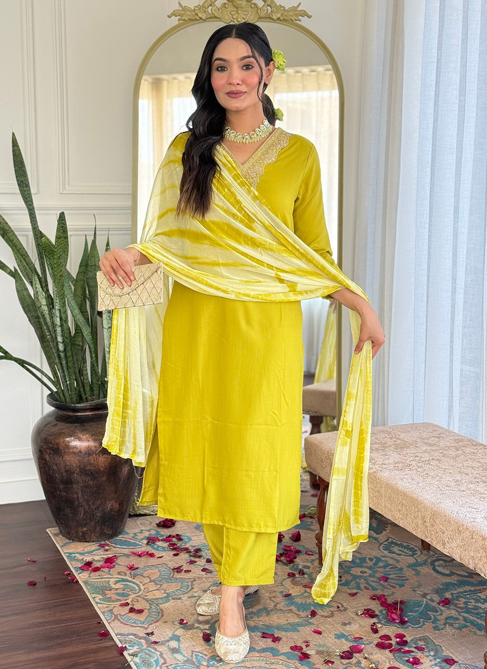 Pant Style Suit Embroidered Yellow Viscose T5811