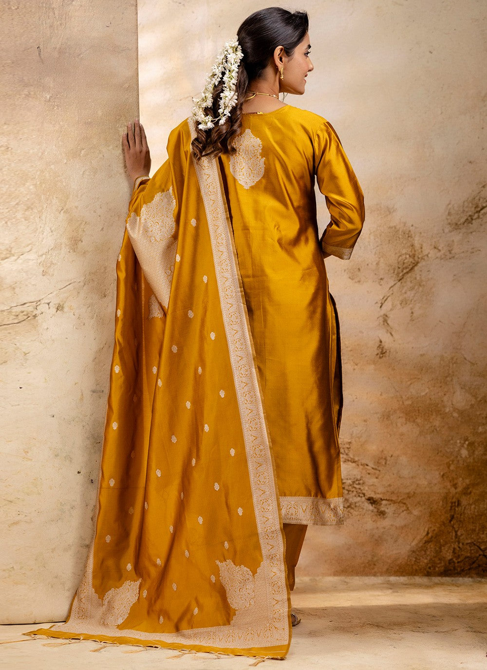 Salwar Suit Jacquard Work, Weaving Zari Yellow T7356