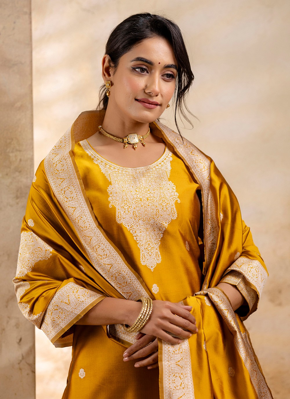 Salwar Suit Jacquard Work, Weaving Zari Yellow T7356
