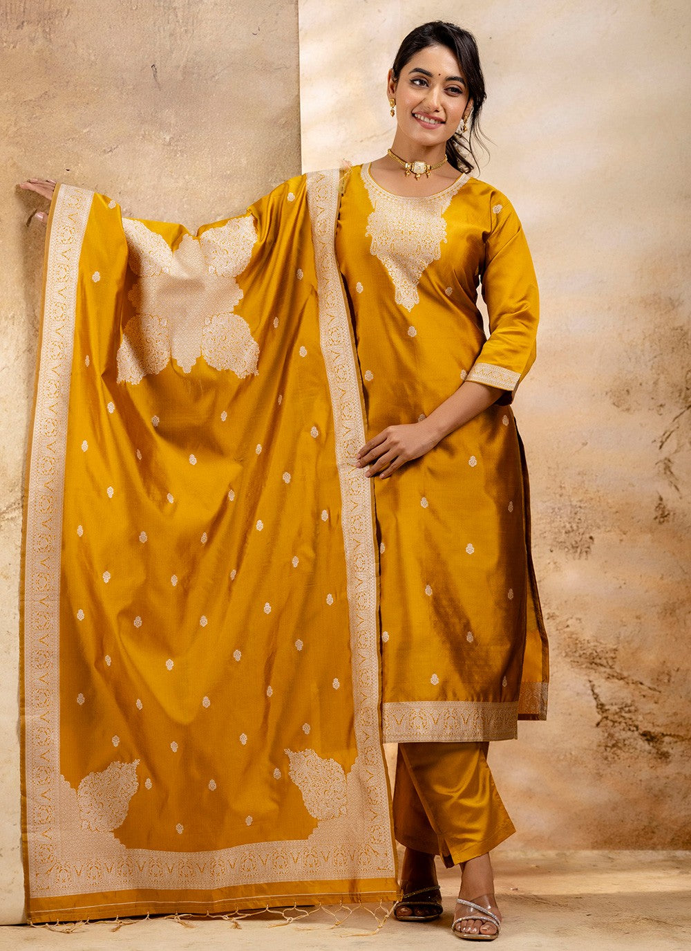 Salwar Suit Jacquard Work, Weaving Zari Yellow T7356