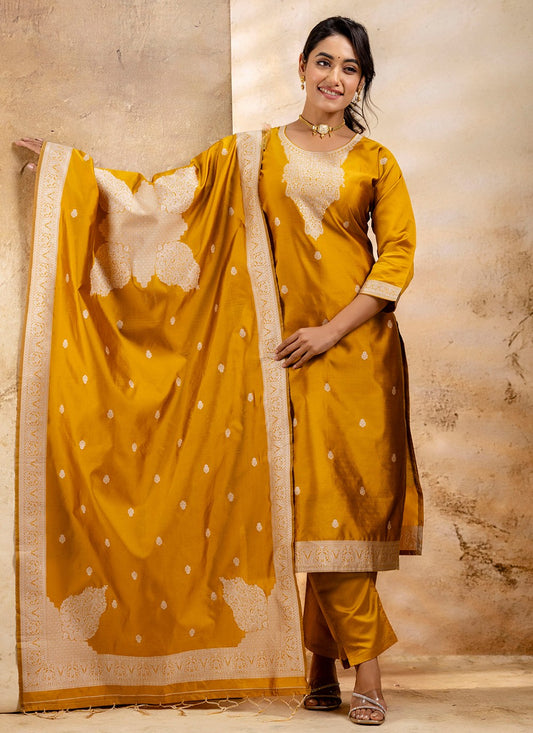 Salwar Suit Jacquard Work, Weaving Zari Yellow T7356