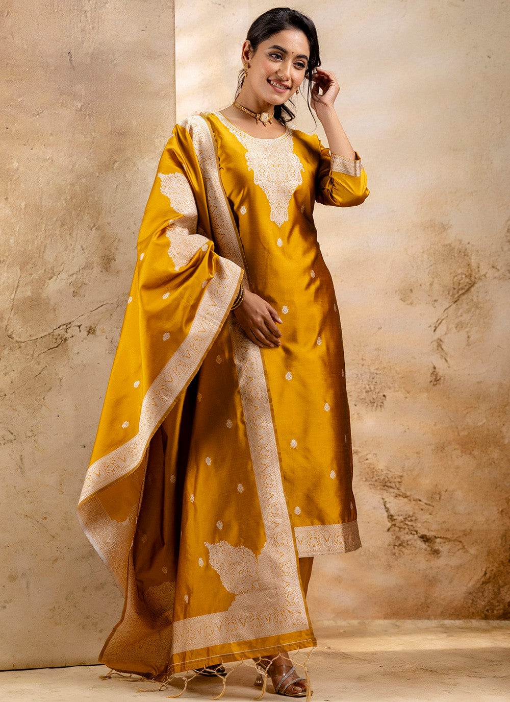 Salwar Suit Jacquard Work, Weaving Zari Yellow T7356