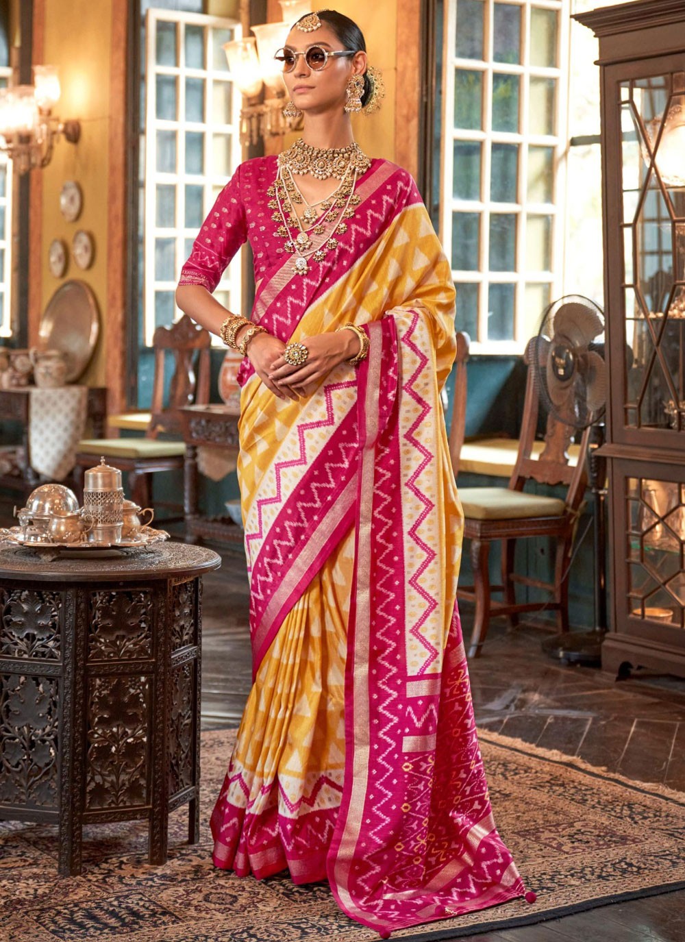 Geometric Print Silk Yellow Trendy Saree S14906