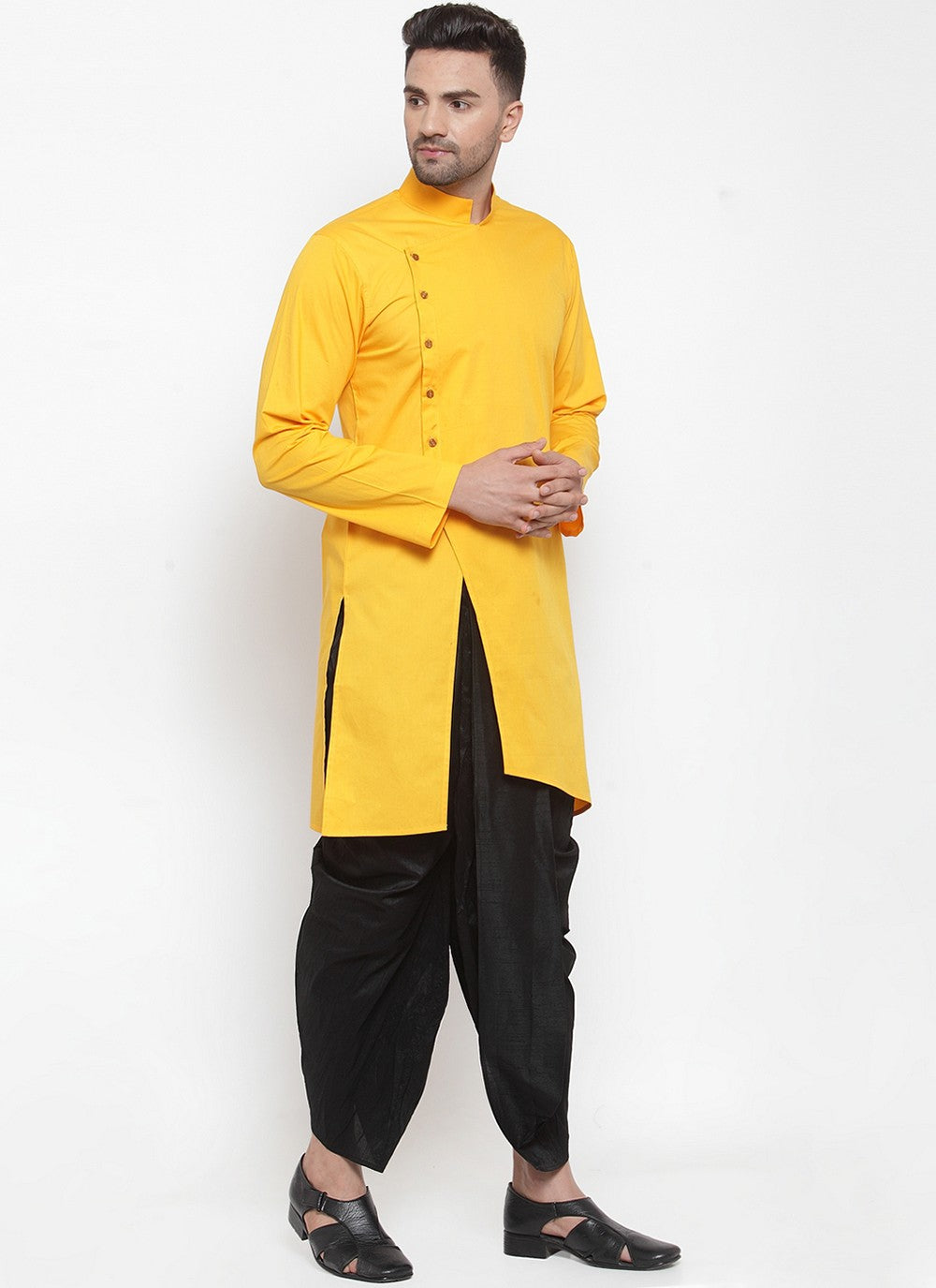 Plain Blended Cotton Yellow Dhoti Kurta - M6175