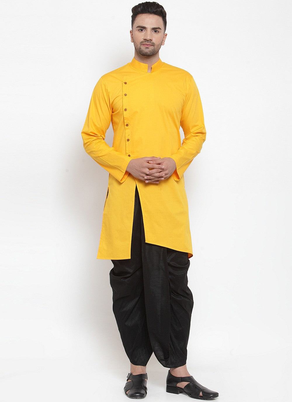 Plain Blended Cotton Yellow Dhoti Kurta - M6175