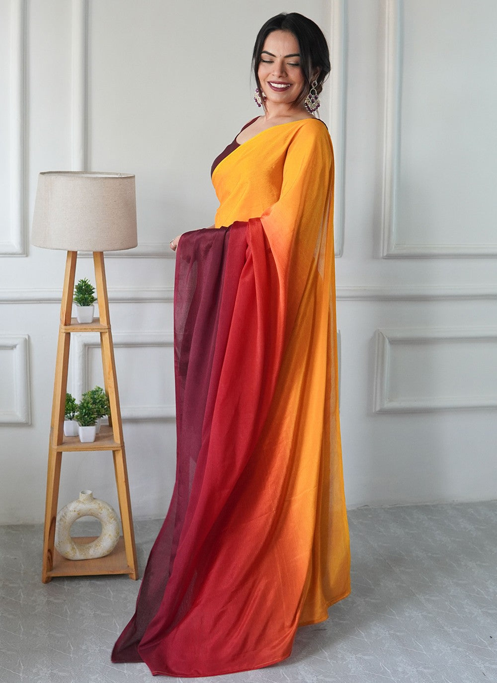 Yellow Chinon Trendy Saree Plain S16501