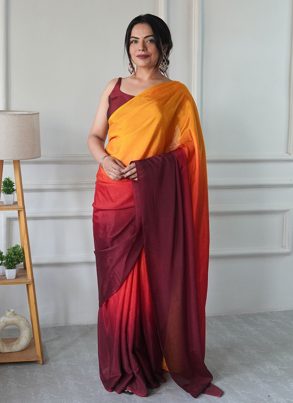 Yellow Chinon Trendy Saree Plain S16501