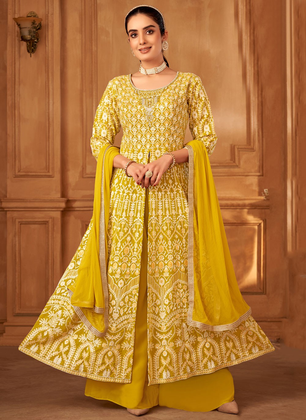 Palazzo Suit Embroidered Yellow T6627