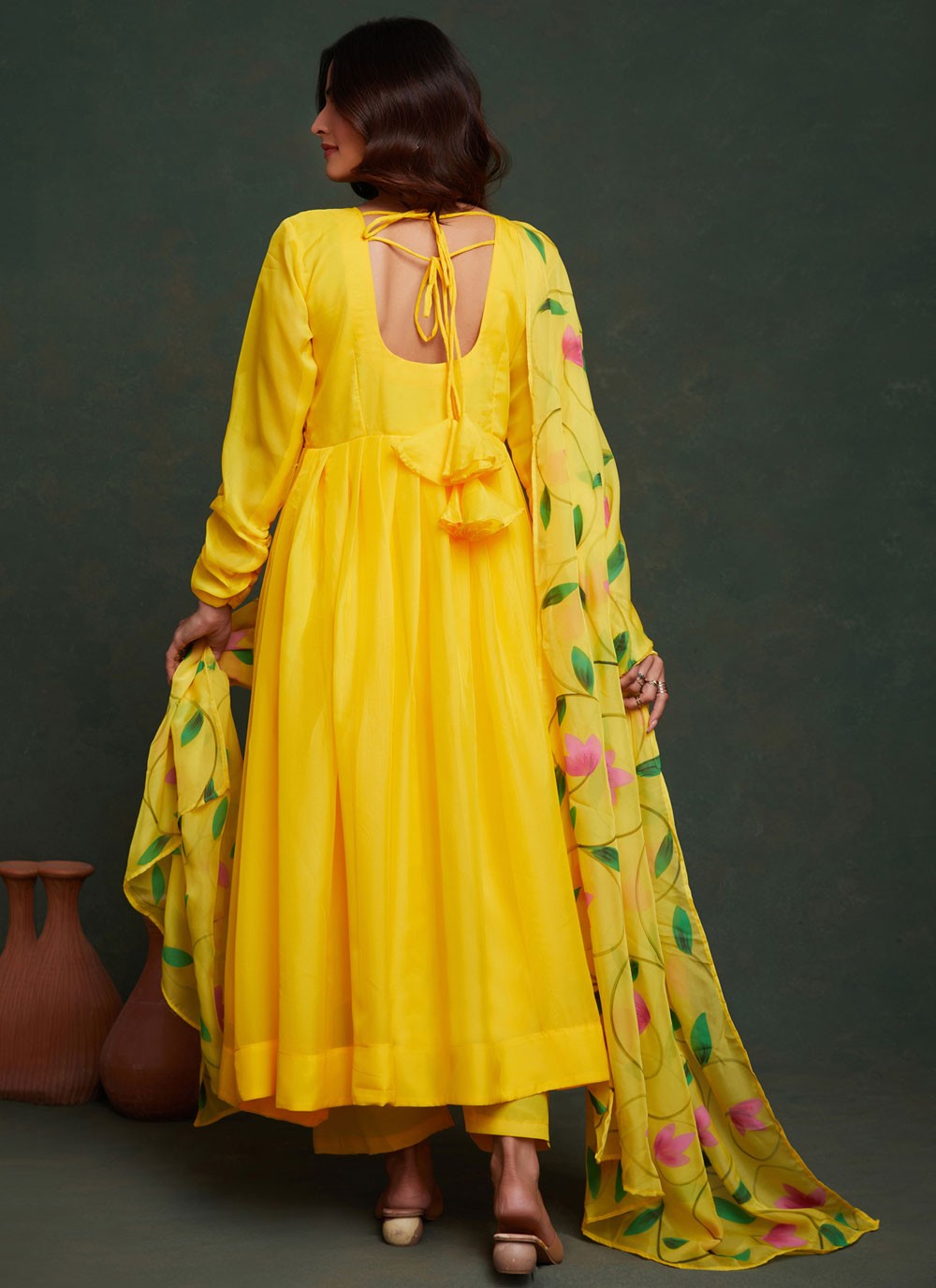 Salwar Suit Hand Embroidery Yellow Organza T5323