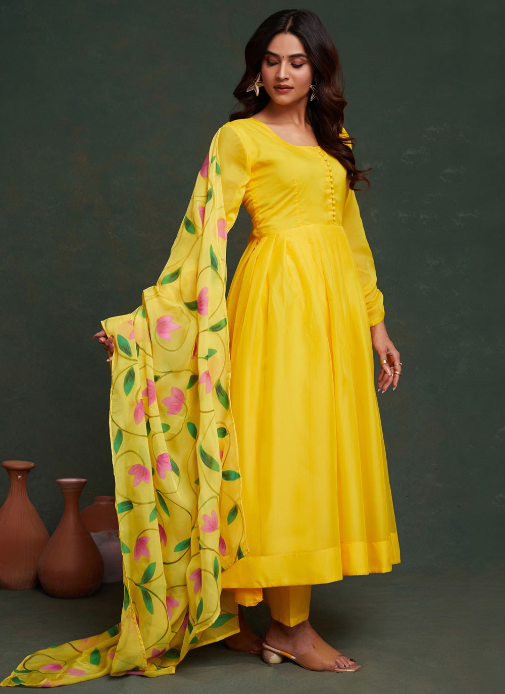 Salwar Suit Hand Embroidery Yellow Organza T5323