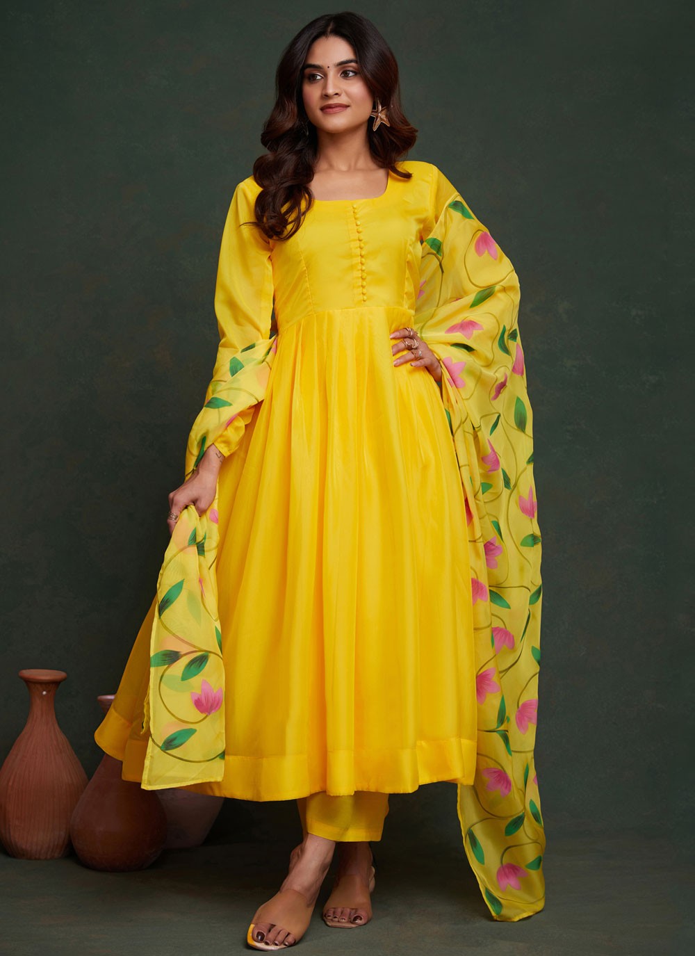 Salwar Suit Hand Embroidery Yellow Organza T5323