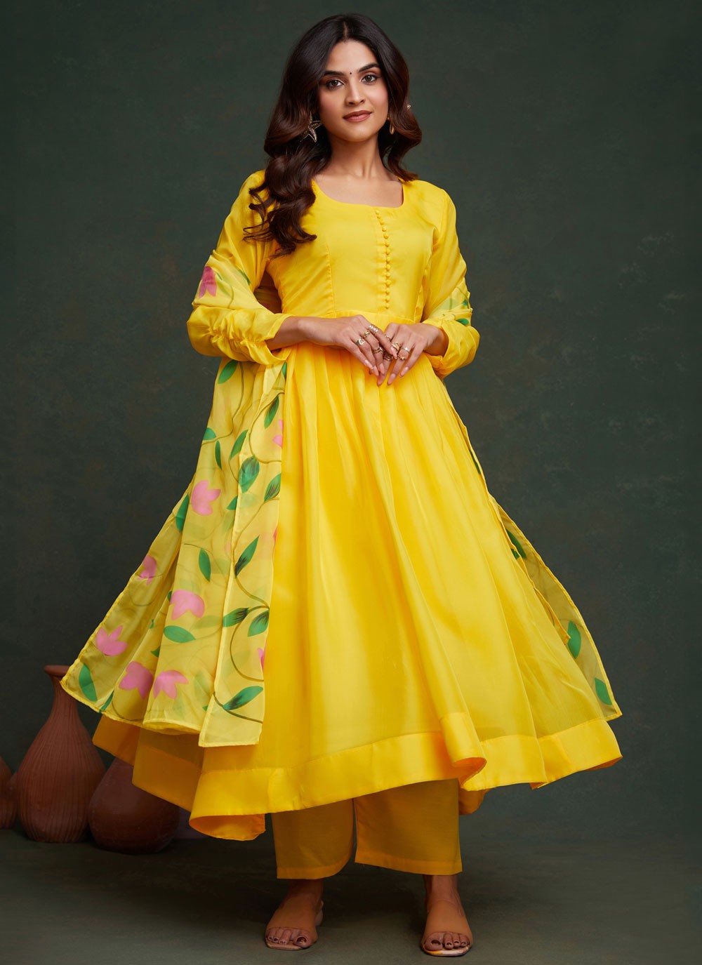Salwar Suit Hand Embroidery Yellow Organza T5323