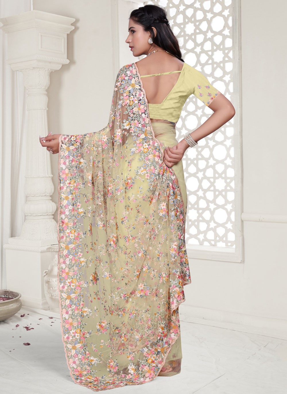 Yellow Net Trendy Saree Cut Work, Embroidered, Resham, Stones, Zircon S17807