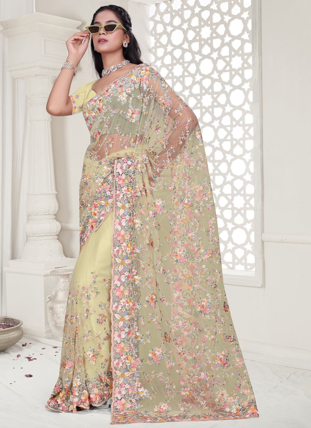 Yellow Net Trendy Saree Cut Work, Embroidered, Resham, Stones, Zircon S17807