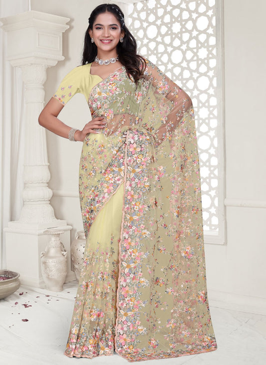 Yellow Net Trendy Saree Cut Work, Embroidered, Resham, Stones, Zircon S17807