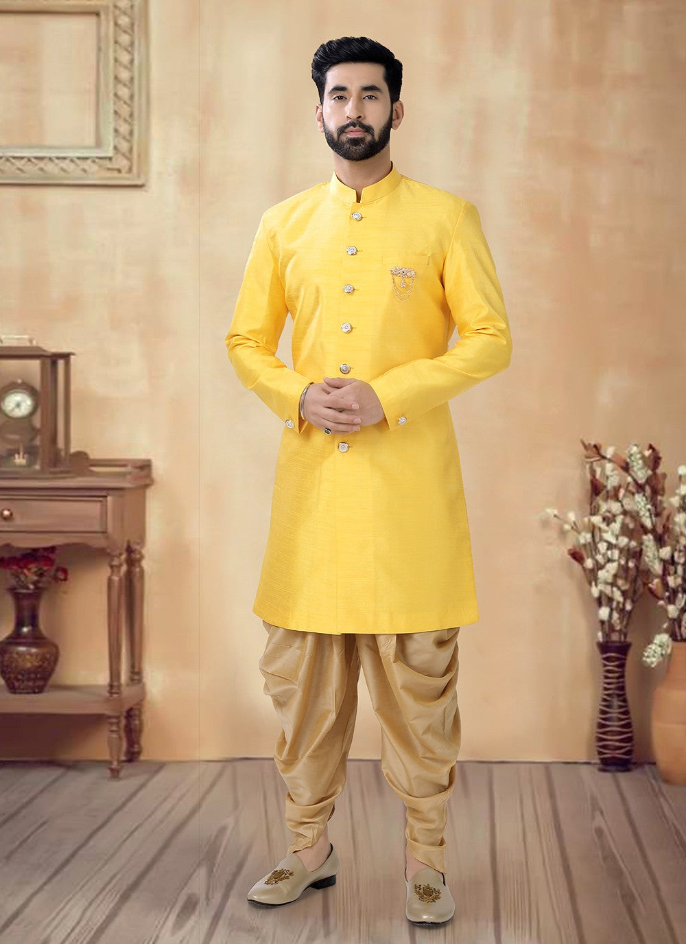 Embroidered Silk Yellow Sherwani - M8508