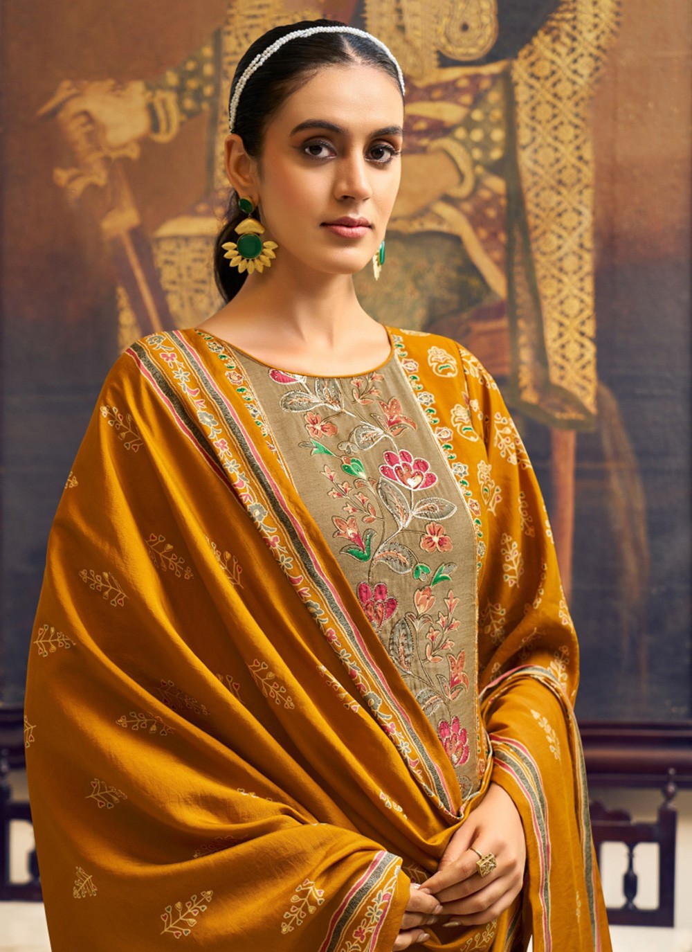 Salwar Suit Embroidered, Foliage Prints, Hand Embroidery Yellow T8054