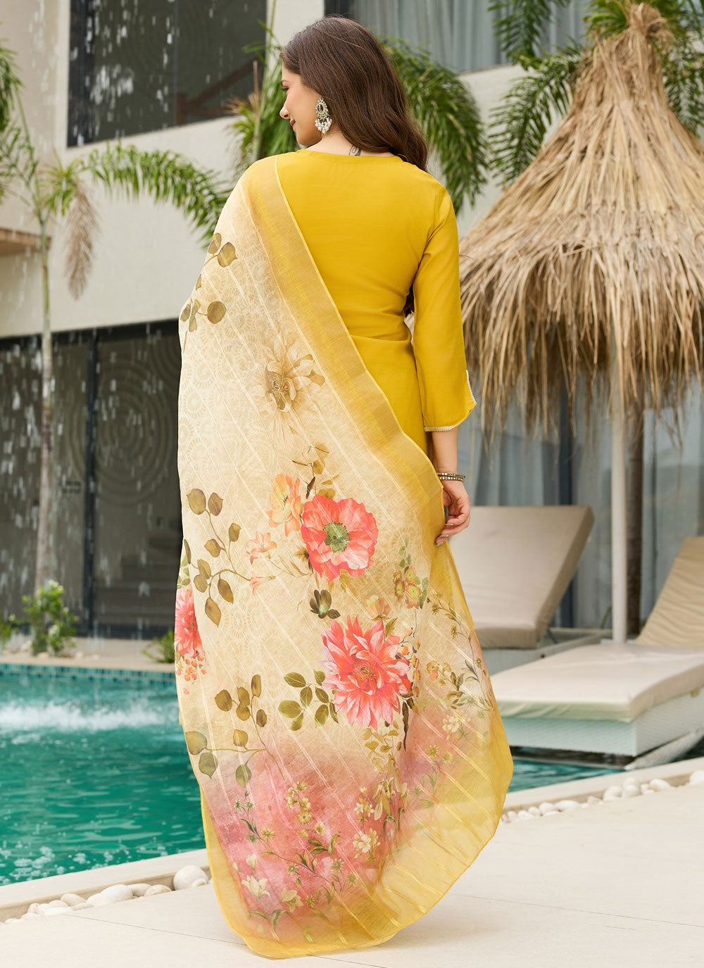 Pant Style Suit Embroidered Yellow T8608