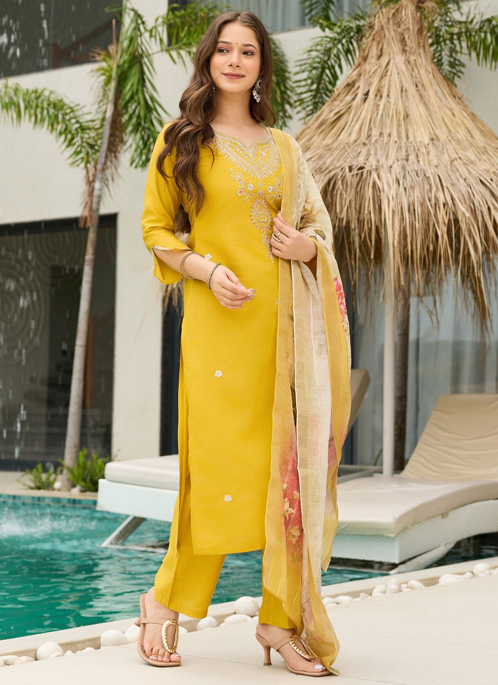 Pant Style Suit Embroidered Yellow T8608