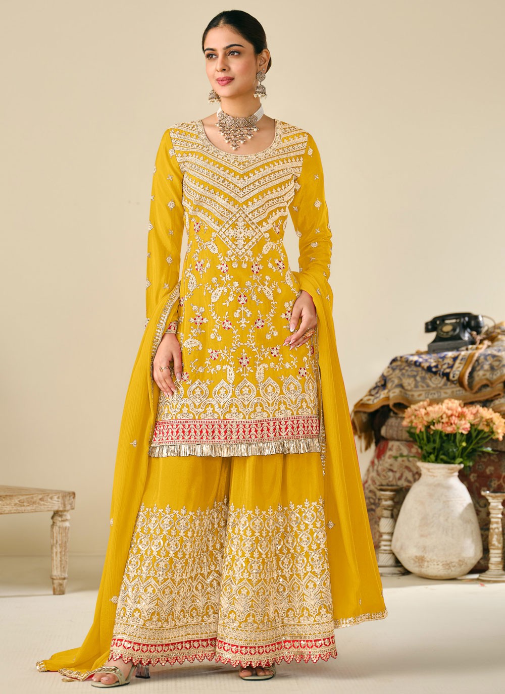 Embroidered Chinon Yellow Palazzo Suit T6379